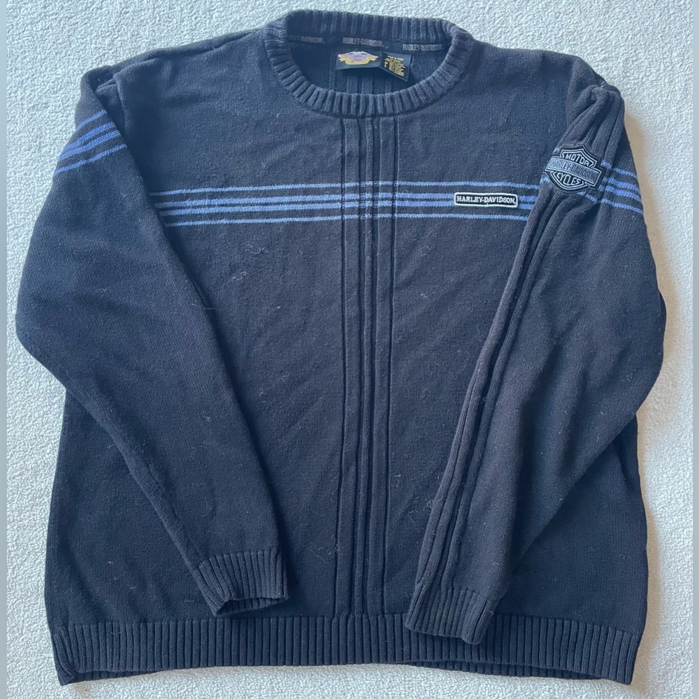 Harley-Davidson Black Crewneck Sweater with Blue Stripes